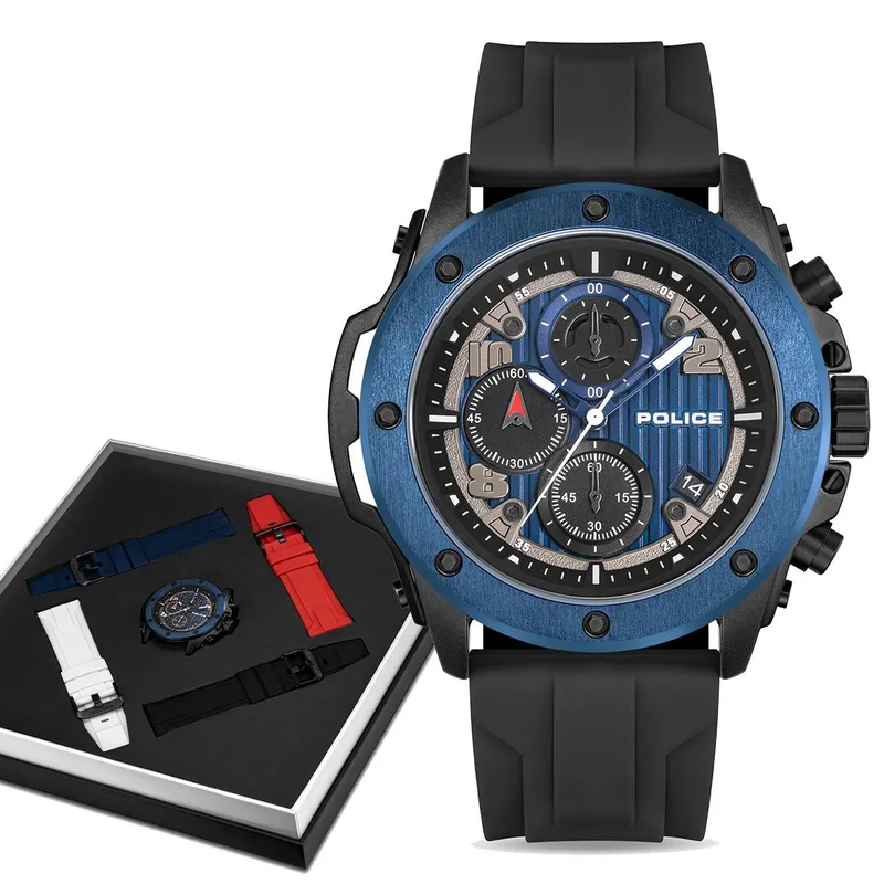 POLICE Clout Orb Chronograph Gift Set - PEWGO00777X0, Blue-Black case with Multicolor Rubber Strap