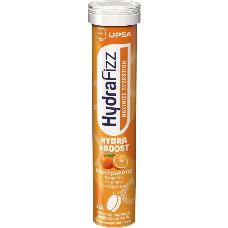 Upsa Hydrafizz Hydra Boost Hydrolytes Συμπλήρωμα Διατροφής Ηλεκτρολυτών για την Ενυδάτωση & για Τόνωση της Ενέργειας & Εγρήγορσης με Καφεΐνη & Γεύση Πορτοκάλι 16 Effer.tabs