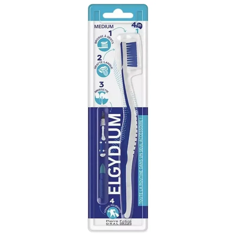 Elgydium 4in1 Toothbrush Οδοντόβουρτσα 4 σε 1 με Καθαριστή Γλώσσας, Κωνικό Μεσοδόντιο Βουρτσάκι & Λευκαντική Γόμα 1 Τεμάχιο - Medium