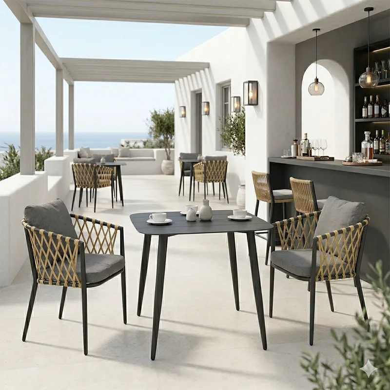 Τραπεζαρία Peluxe Vista pakoworld σετ 3τεμ ανθρακί αλουμίνιο με PE σχοινί σε φυσική απόχρωση και μαξιλάρια 80x80x72εκ - PAKO WORLD - 200-001673