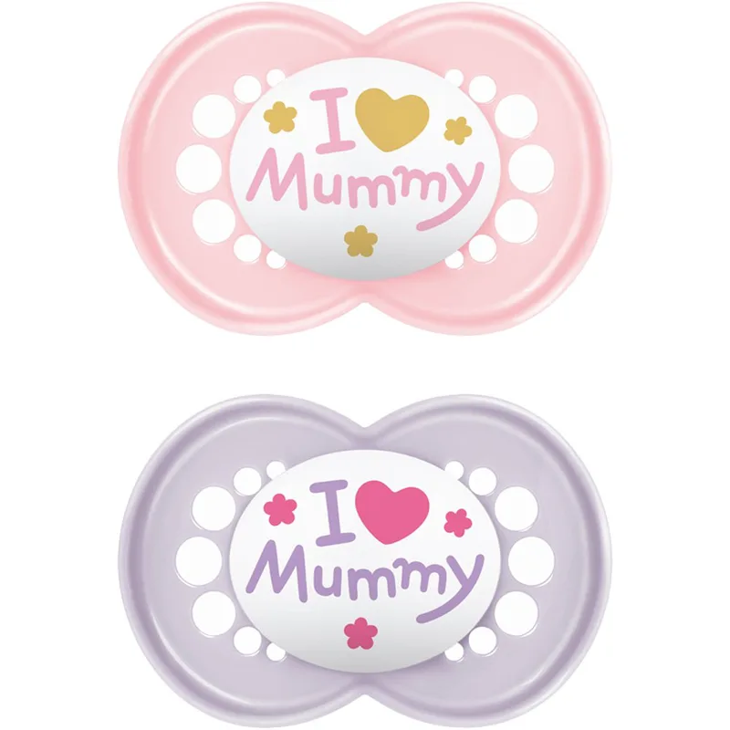 Mam Original Ι Love Mummy Silicone Soother 6-16m Ορθοδοντική Πιπίλα με Θηλή Σιλικόνης Φιλική προς το Δερματάκι του Μωρού με Πρακτική Θήκη Μεταφοράς 2 Τεμάχια, Κωδ 170SG1C - Ροζ / Μωβ