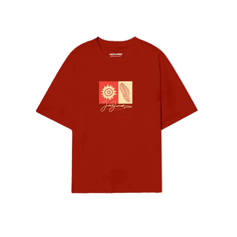 Jack & Jones "Canggu Front Tee"σε Plus fit γραμμή,με μεταξοτυπία - Cinnamon