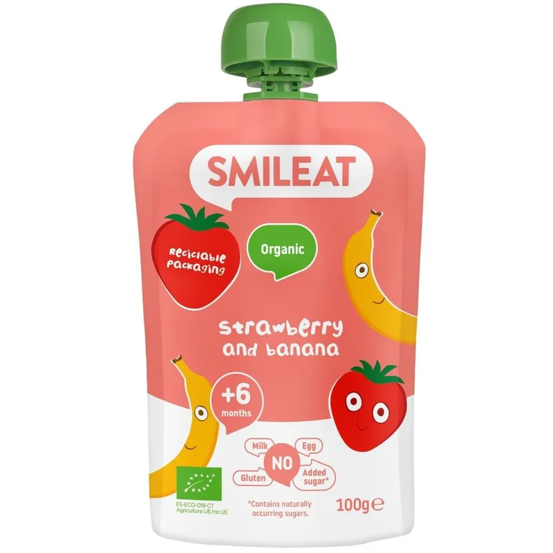 Smileat Organic Strawberry & Banana Pouch 6m+, Βιολογικός Πουρές Φρούτων σε Pouch, Μπανάνα-Φράουλα, Χωρίς Γλουτένη, Χωρίς Προσθήκη Ζάχαρης, από τον 6ο Μήνα 100gr