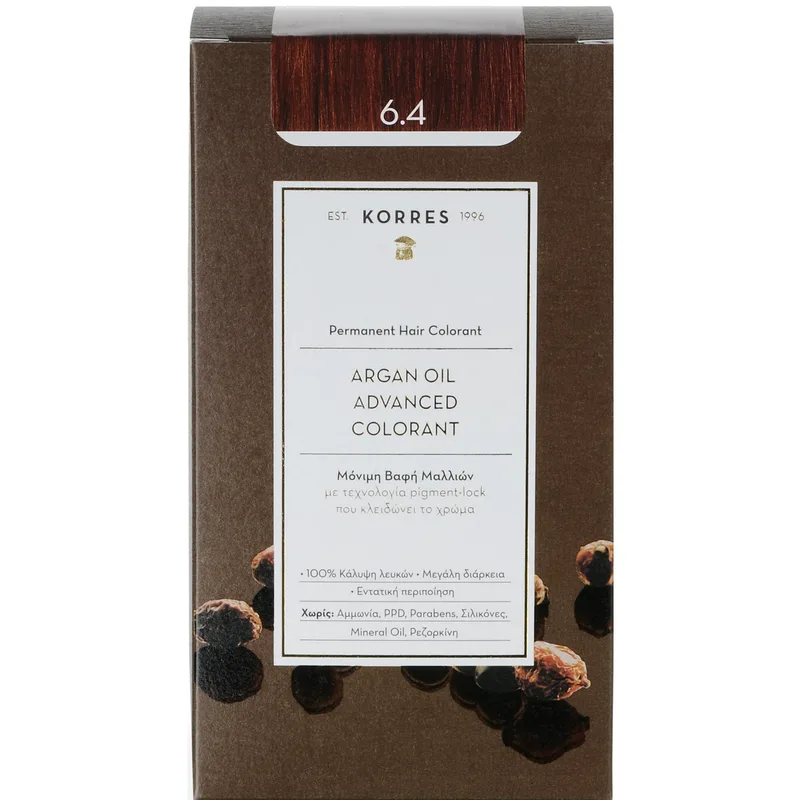 Korres Argan Oil Βαφή Μαλλιών Χωρίς Αμμωνία με Τεχνολογία Pigment-Lock που Κλειδώνει το Χρώμα 1 Τεμάχιο - 6.4 Ξανθό Σκούρο Χάλκινο