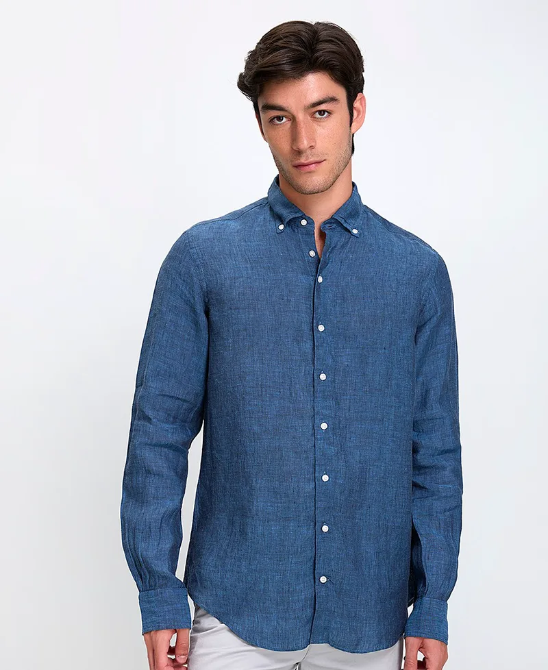 Vardas Ανδρικό Λινό Πουκάμισο Button Down Regular Fit σε Μπλε