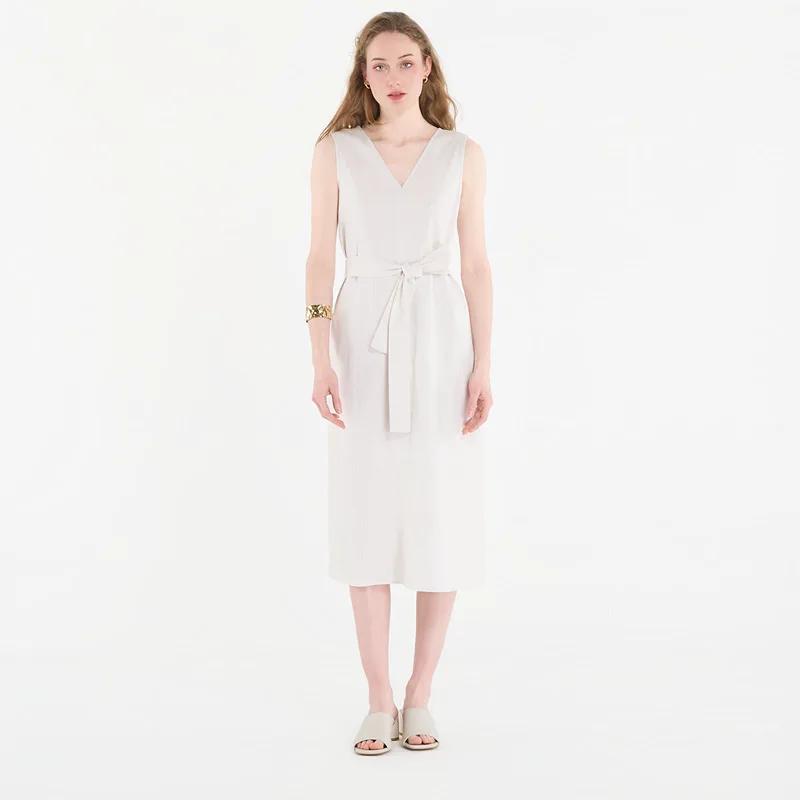 Φόρεμα Calvin Klein Linen V Neck Sleeveless Dress White Sand L