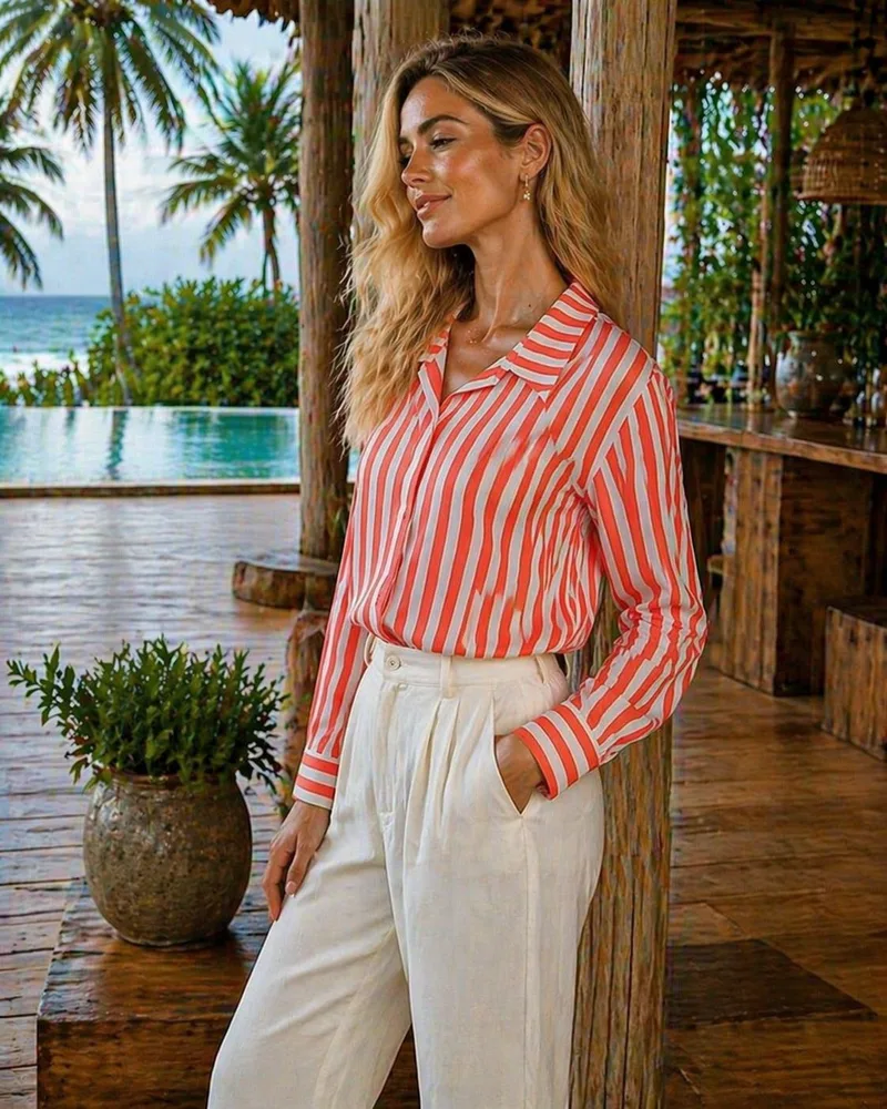 Γυναικείο Ριγέ Πουκάμισο Μακρυμάνικο – Elegant & Casual Look Σε Κοραλλί | Dress Up Κοραλλί
