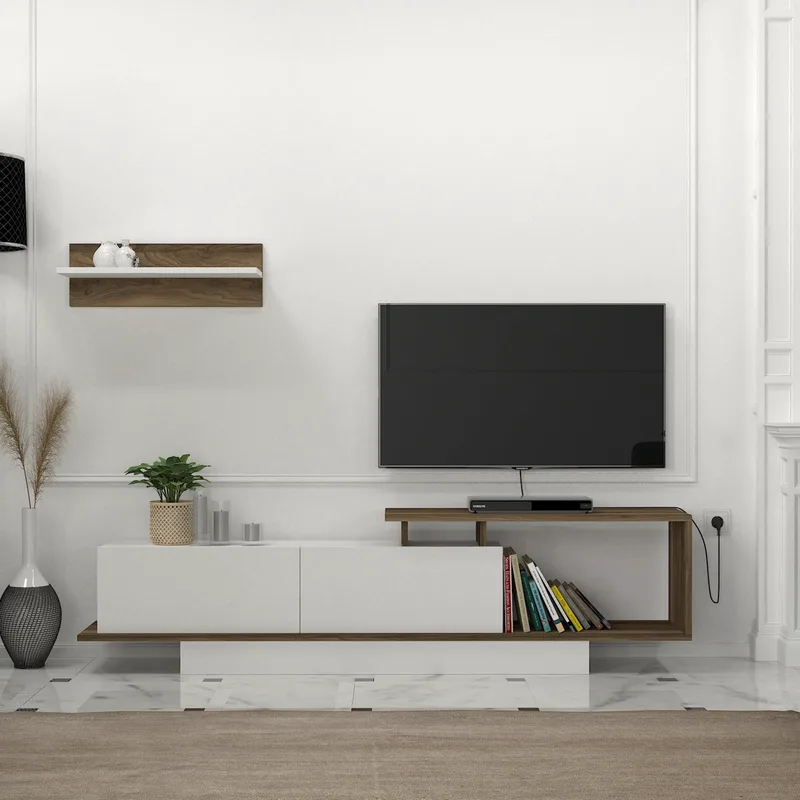 Έπιπλο Τηλεόρασης Asos - White, Walnut 745Dcd3030 (180x45x29,6)