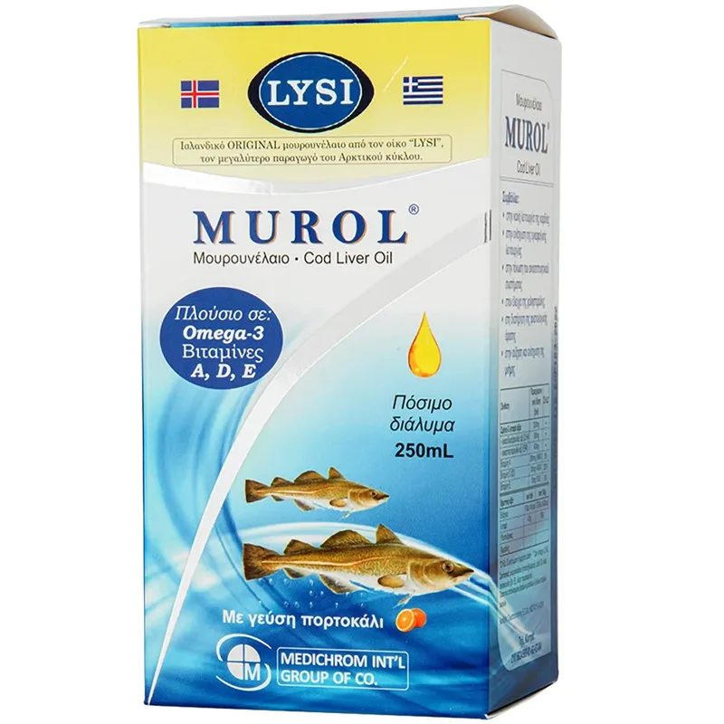 Medichrom Lysi Murol Cod Liver Oil Oral Solution Συμπλήρωμα Διατροφής Πόσιμου Μουρουνέλαιου Πλούσιο σε Ωμέγα 3 Λιπαρά Οξέα για την Καλή Υγεία του Εγκεφάλου, της Καρδιάς & της Όρασης με Γεύση Πορτοκάλι 250ml