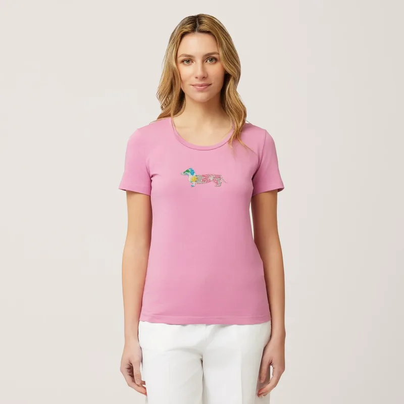 Harmont & Blaine Γυναικείο T-Shirt με Λογότυπο από Strass Slim Fit σε Ροζ