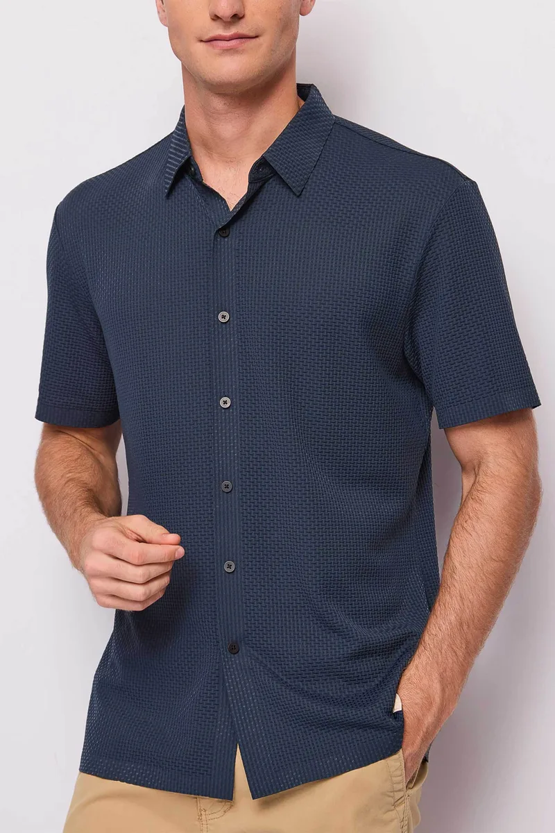 Gaudi ανδρικό κοντομάνικο πουκάμισο με 3D pattern Regular Fit - 611GU44003 Μπλε Σκούρο