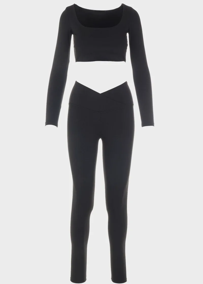 Γυναικείο σετ κολάν crop top μονόχρωμο ΜΑΥΡΟ