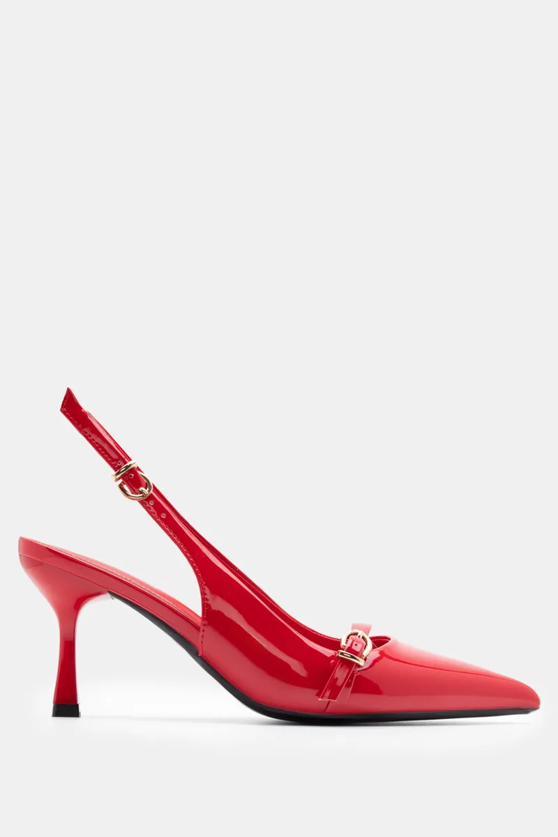 Γόβες Μυτερές Slingback με Τόκες - Κόκκινο-Λουστρίνι
