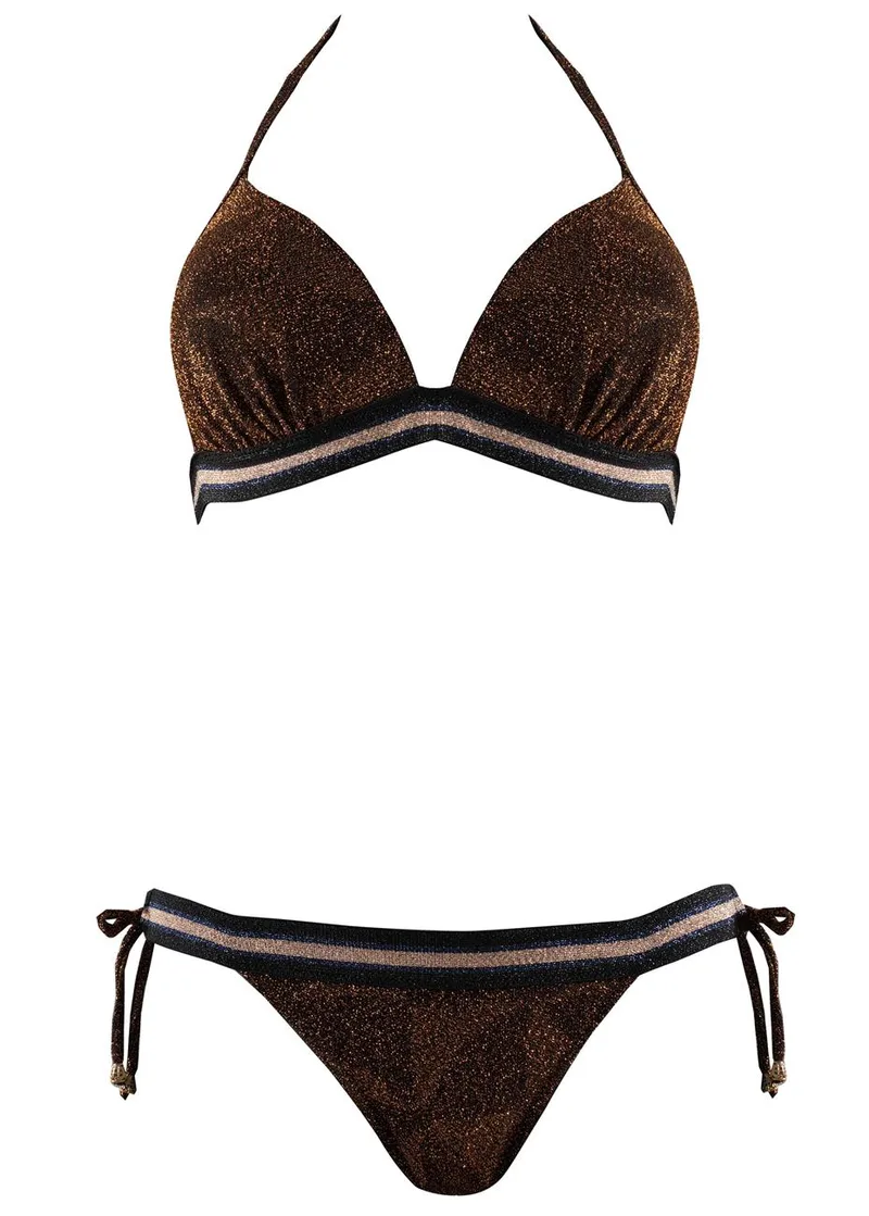 Γυναικείο μαγιό τρίγωνο ενίσχυση bikini δετό παρτό. Καλύπτει B & C cup. ΜΠΡΟΝΖΕ