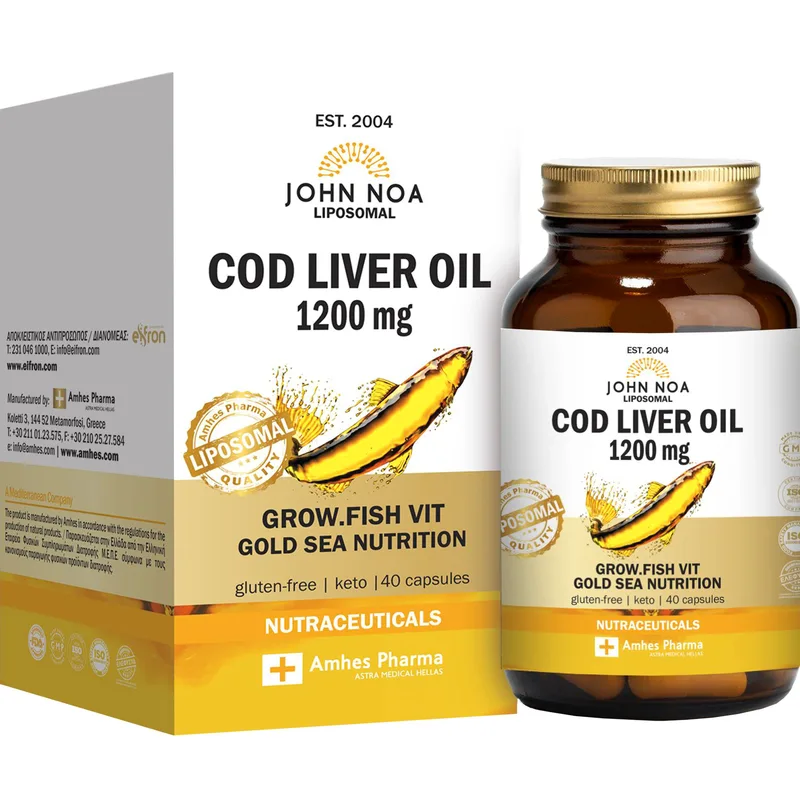 John Noa Liposomal Cod Liver Oil 1200mg Συμπλήρωμα Διατροφής Μουρουνέλαιου Λιποσωμικής Μορφής Πλούσιο σε Ωμέγα 3 Λιπαρά Οξέα με Βιταμίνες A & D3 για την Καλή Λειτουργία του Εγκεφάλου, της Όρασης & της Καρδιάς 40caps