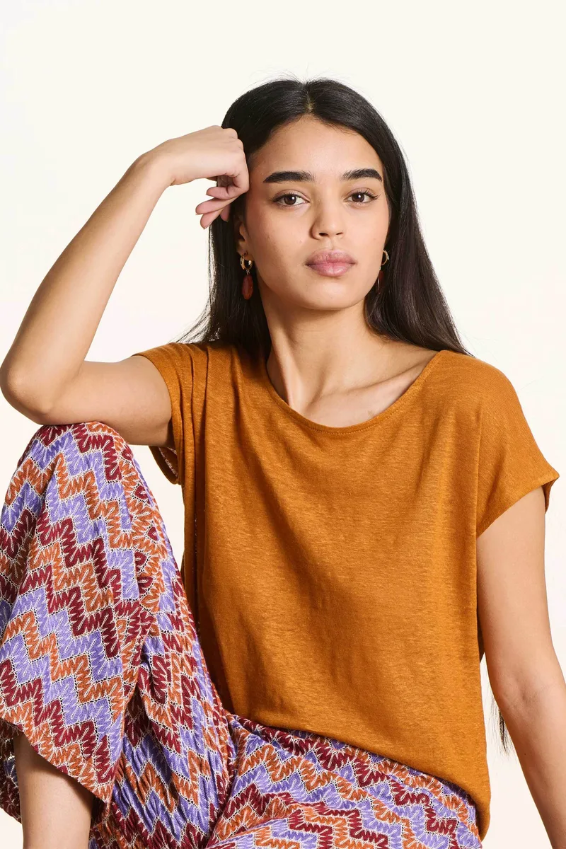 La Fée Maraboutée γυναικείο λινό T-shirt μονόχρωμο Straight Cut - FH-TS-VIRANO Πορτοκαλί