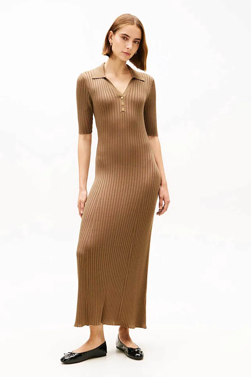 Tommy Hilfiger γυναικείο maxi φόρεμα πόλο ribbed με V Fit & Flared - WW0WW48447 Καφέ