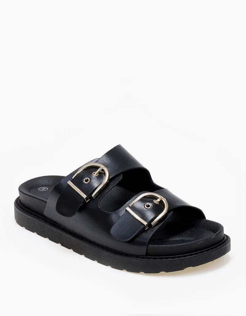 Σανδάλια flatform με ρυθμιζόμενες ζώνες και αγκράφες - Μαύρο