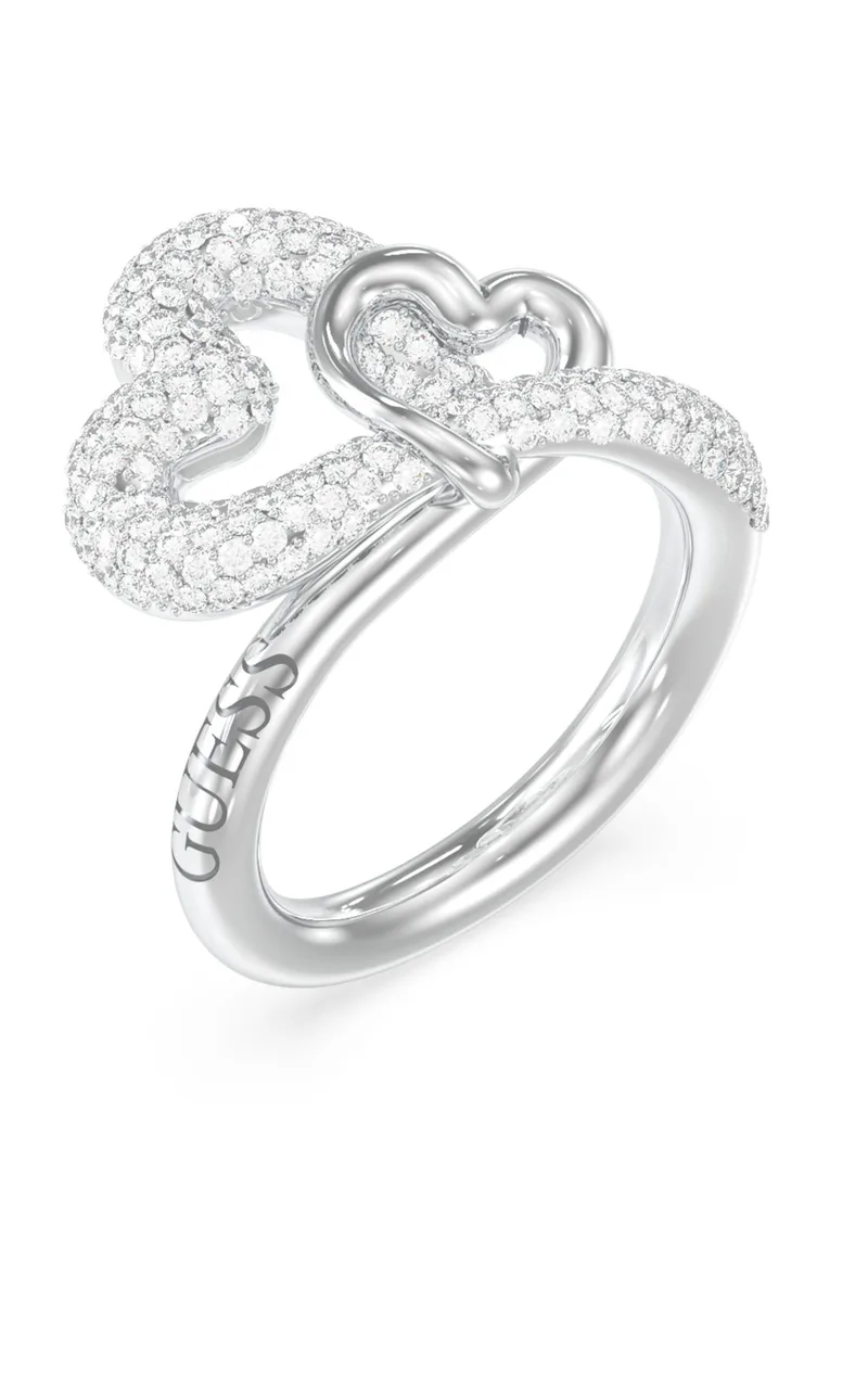 GUESS STEEL LOVE BITES JUBR06055JWRH-No.54 Δαχτυλίδι Ασημένιο Με Καρδιές Με Πέτρες