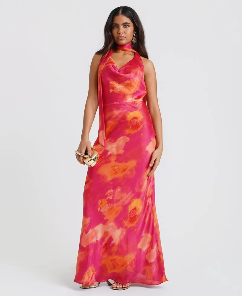 Pink Marble Scarf Neck Maxi Dress | Clothing Size: 14