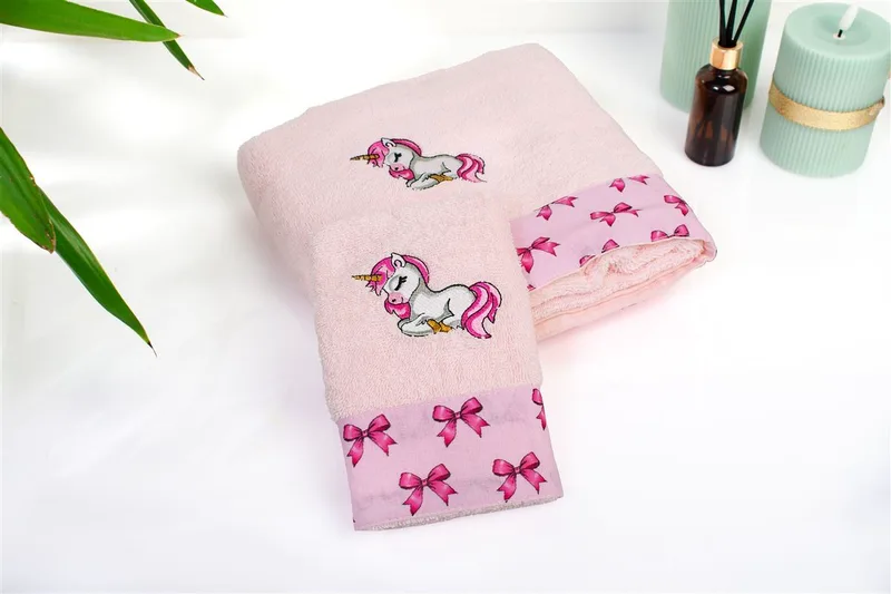 Πετσέτα Με Κέντημα Σετ 2 τεμ bebe Unicorn 187 30X50,70X140 Ροζ 100% Cotton