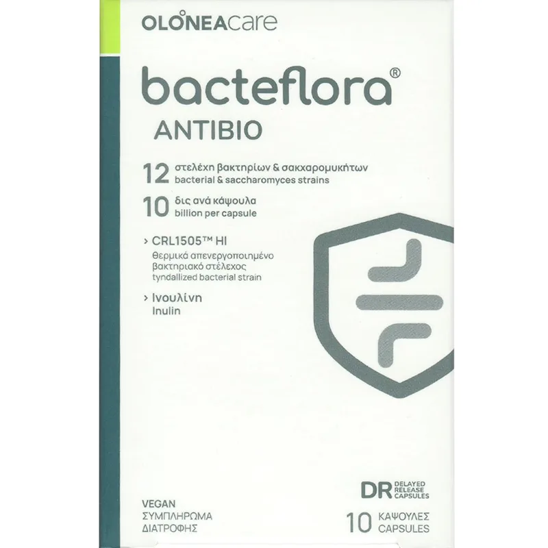 Olonea Bacteflora Antibio Συμπλήρωμα Διατροφής 12 Προβιοτικών Στελεχών για την Προστασία του Εντερικού Μικροβιώματος Κατά τη Διάρκεια Λήψης Αντιβίωσης 10caps