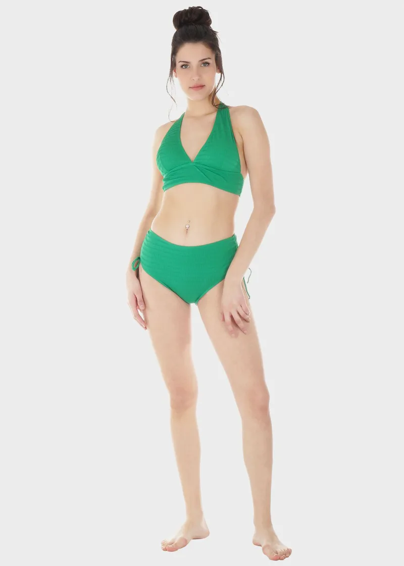 Γυναικείο σετ μαγιό bikini μονόχρωμο τρίγωνο αποσπώμενη επένδυση slip ψηλόμεσο κανονική γραμμή.Καλύπτει C-D CUP ΠΡΑΣΙΝΟ