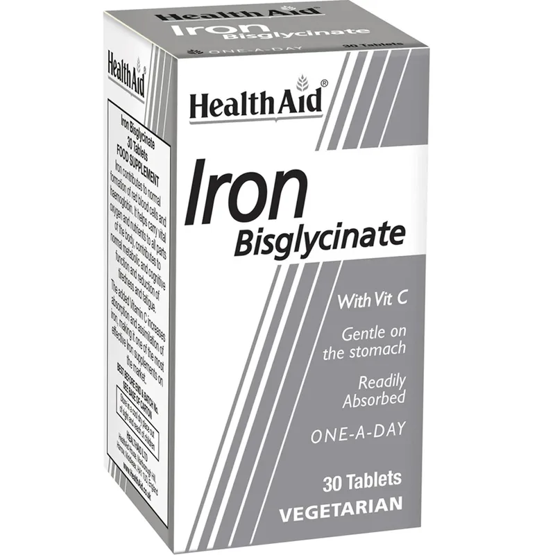 Health Aid Iron Bisglycinate Συμπλήρωμα Διατροφής Σιδήρου Δισγλυκινικής Μορφής & Βιταμίνης C Παρατεταμένης Αποδέσμευσης Μέγιστης Απορρόφησης Κατά της Χρόνιας Κόπωσης για την Καλή Λειτουργία του Αιμοποιητικού 30tabs
