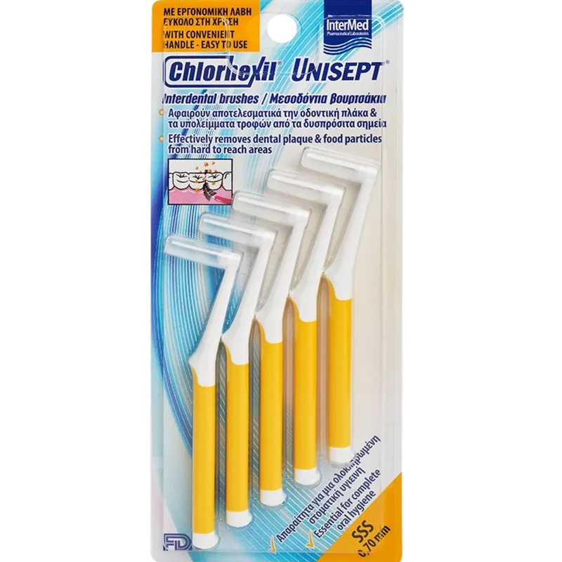 Intermed Unisept Chlorhexil Interdental Brushes Βουρτσάκια για Αποτελεσματικό Καθαρισμό των Μεσοδόντιων Διαστημάτων & των Ορθοδοντικών Μηχανισμών 5 Τεμάχια - SSS 0.70mm