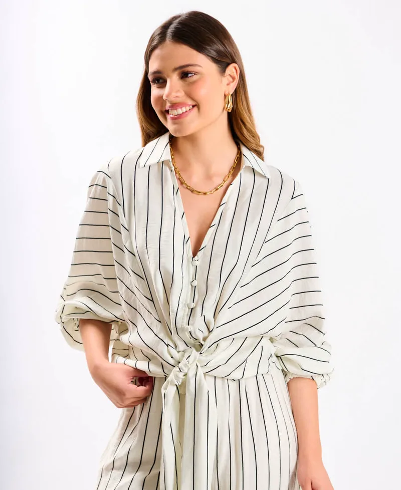 White Stripe Tie Front Shirt | Clothing Size: L