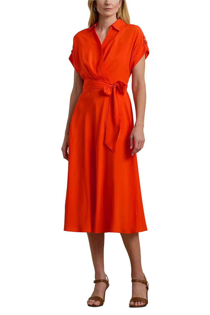 Lauren Ralph Lauren γυναικείο φόρεμα midi με ζώνη - 250909427012 Κόκκινο