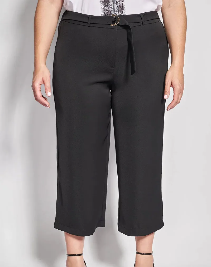 PARABITA Cropped Παντελόνα Κρεπ με Ζωνάκι 012610200481-Μαύρο Black