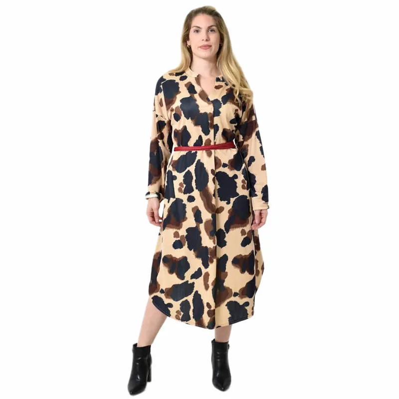 Midi Σεμιζιέ Φόρεμα Abstract Animal Print - Άνετη Γραμμή Μαύρο 27283