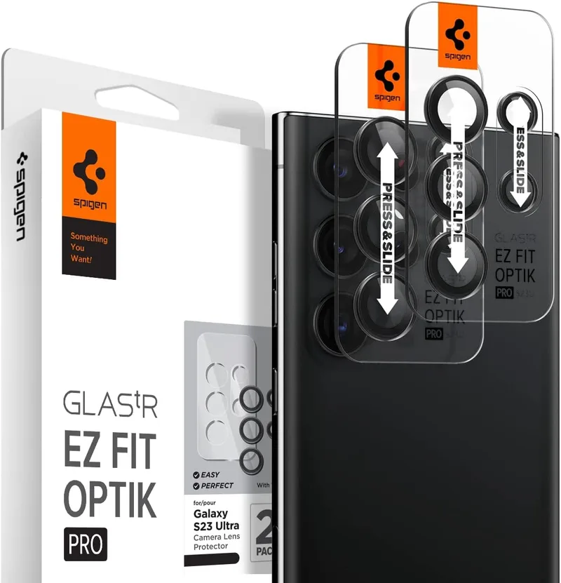 Spigen GLAS.tR EZ Fit OPTIK Pro Camera Lens Protector - Αντιχαρακτικό Προστατευτικό Γυαλί για Φακό Κάμερας Samsung Galaxy S23 Ultra - 2 Τεμάχια - Black (AGL05950)