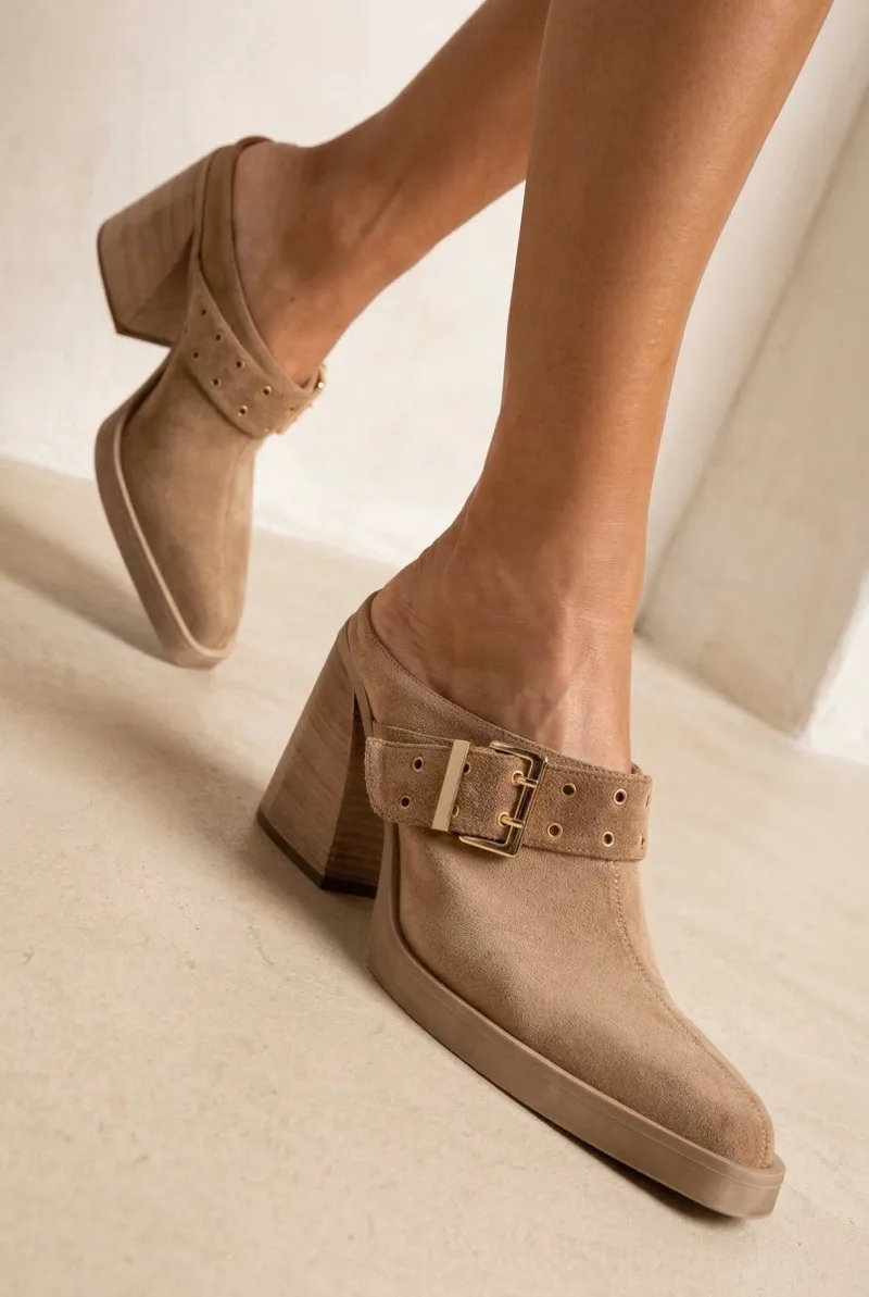 TFP Suede Leather Clogs with Buckle - TEO106 - Taupe