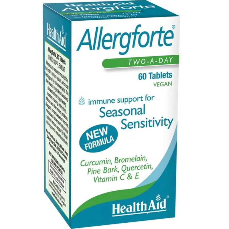 Health Aid Allergforte Συμπλήρωμα Διατροφής Βιταμινών, Εκχυλίσματος Φλοιού Πεύκου, Κουρκουμά & Ενζύμων για την Αντιμετώπιση των Εποχιακών Αλλεργιών, Ενίσχυση του Ανοσοποιητικού με Αντιφλεγμονώδη Δράση 60tabs