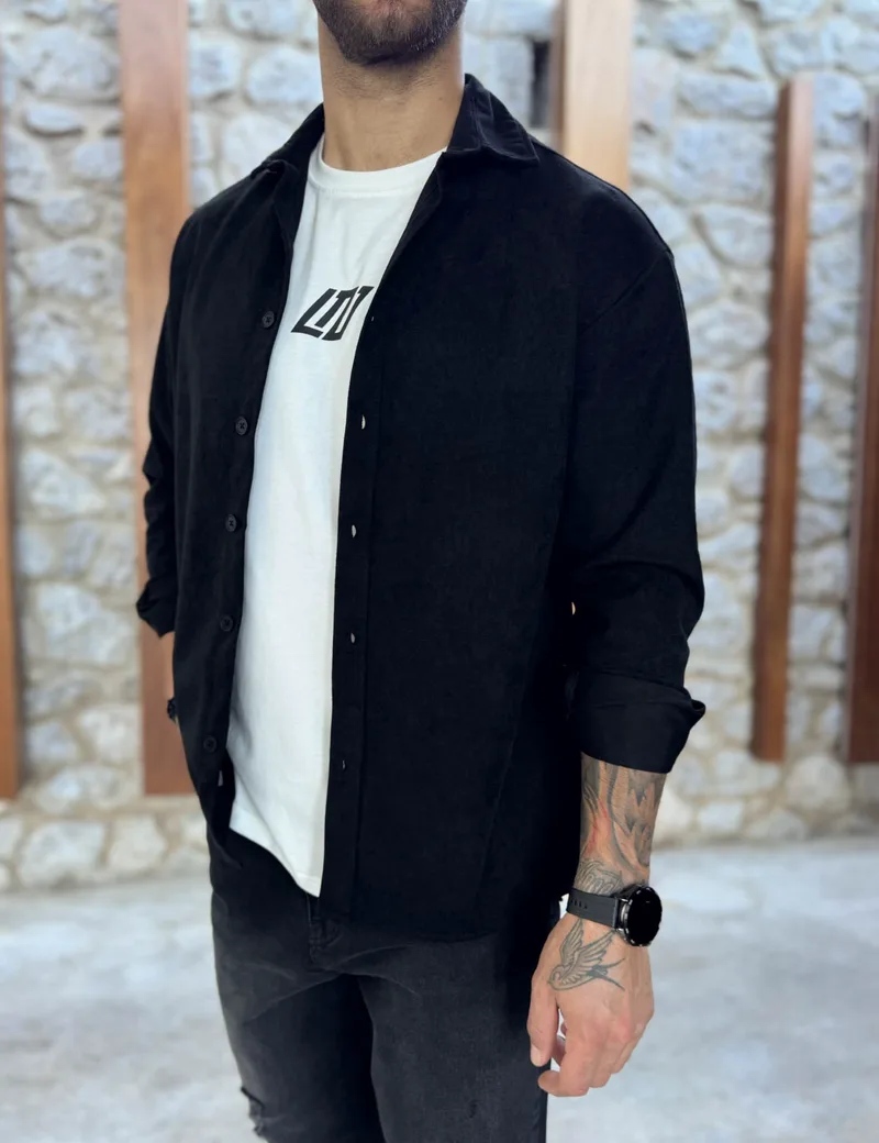 Ανδρικό μαύρο κοτλέ Overshirt με γιακά RMZ470M