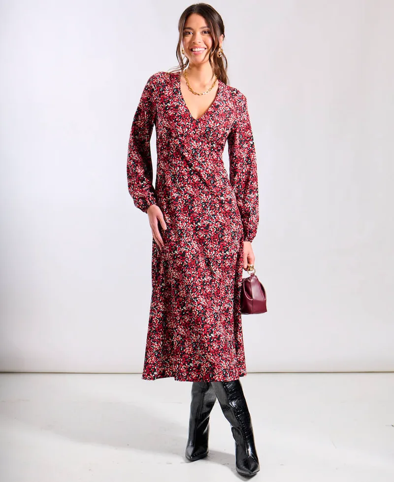 Red Floral Printed Long Sleeve Midi Dress | Size: 10