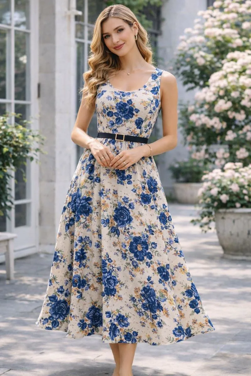 Γυναικείο Midi Floral Φόρεμα Με Τιράντες & Ζώνη – Ρομαντικό Αέρινο Φόρεμα Σε Μπλε | Dress Up Μπλε