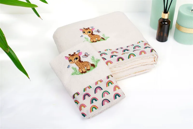 Πετσέτα Με Κέντημα Σετ 2 τεμ bebe Giraffe 173 30X50,70X140 Ecru-Multi 100% Cotton