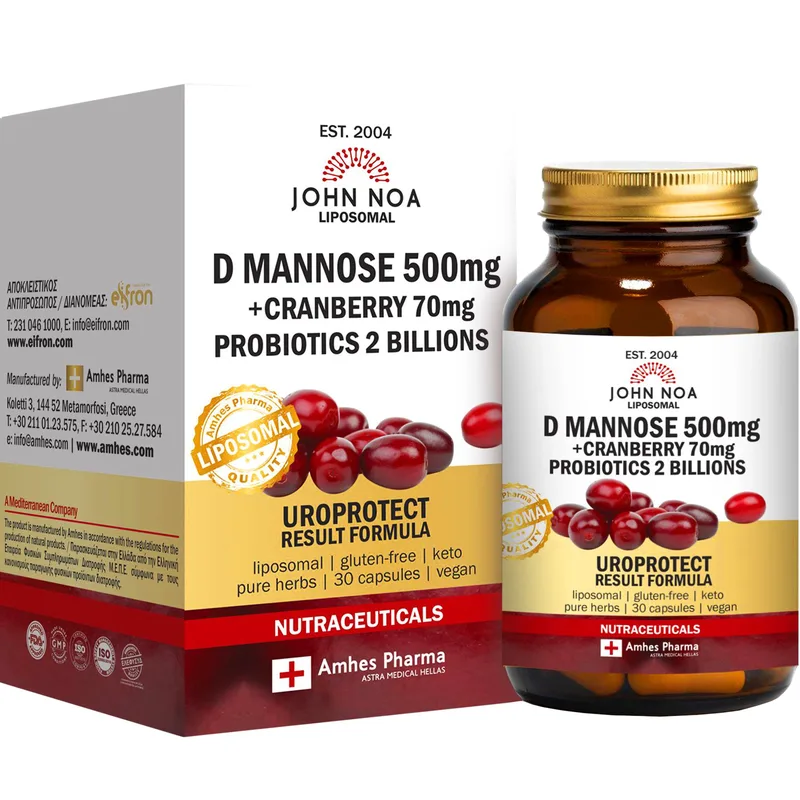John Noa Liposomal D-Mannose 500mg, Cranberry 70mg & Probiotics Συμπλήρωμα Διατροφής D-μαννόζης, Εκχυλίσματος Κράνμπερι & Προβιοτικών Λιποσωμικής Μορφής για την Ενίσχυση του Μικροβιώματος του Ουροποιητικού & Αντιμετώπιση Λοιμώξεων 30caps