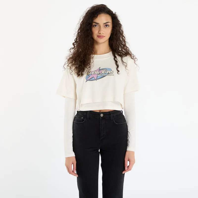 T-shirt Guess Jeans Sl Cn Boxy 2Fer S Cream XS