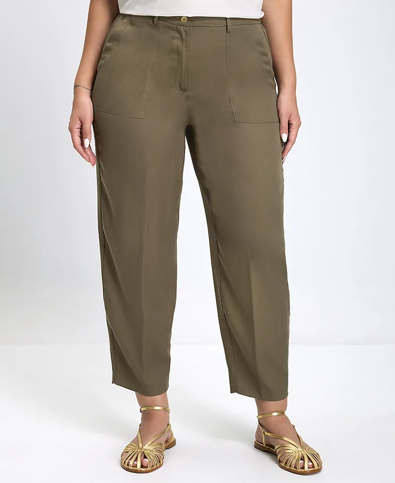 Γυναικείο Παντελόνι Tapered Fit Lyocell Με Ελαστική Μέση Χακί