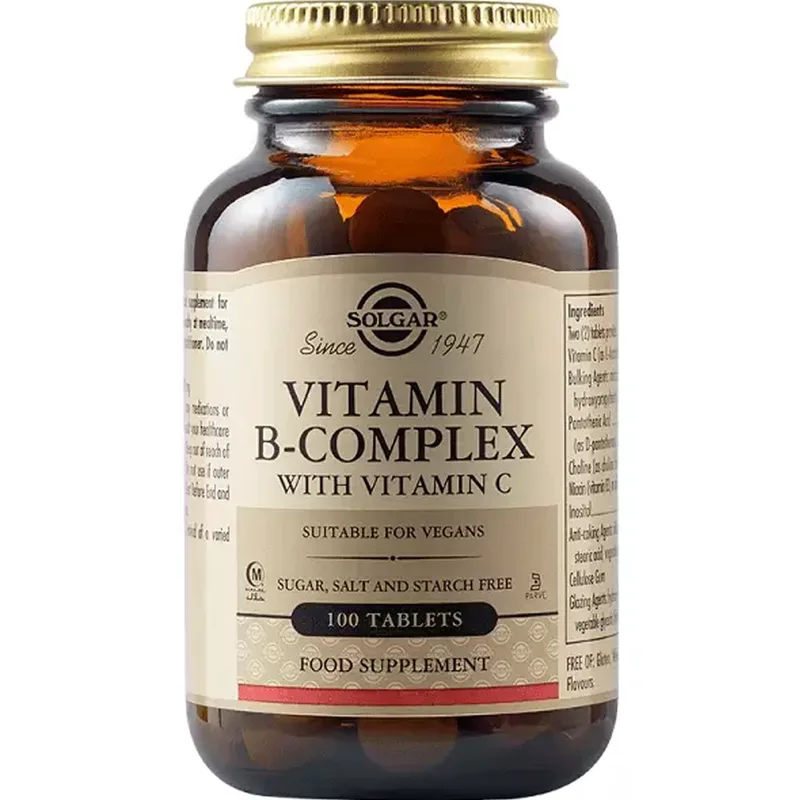 Solgar Vitamin B-Complex With Vitamin C Συμπλήρωμα Διατροφής Συμπλέγματος Βιταμινών B & Βιταμίνης C για την Καλή Λειτουργία του Νευρικού Συστήματος & την Αντιμετώπιση του Άγχους 100tabs