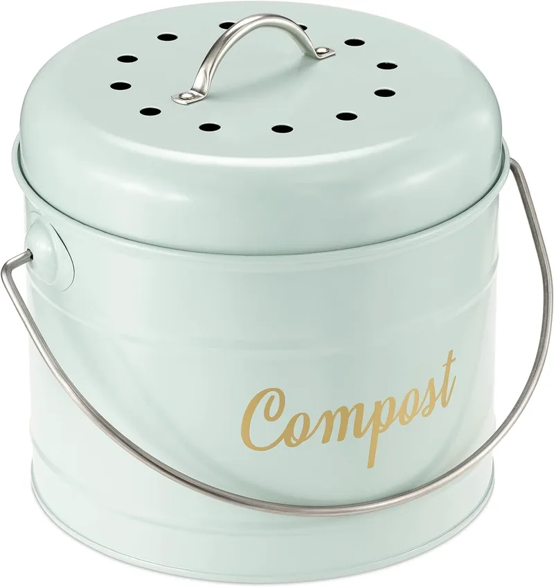 Navaris Metal Compost Caddy Bin - Κάδος Κομποστοποίησης από Ανοξείδωτο Ατσάλι για Οργανικά Απορρίμματα με Λαβή και 6 Φίλτρα - 3.2L - Ocean Green (57649.1.07)