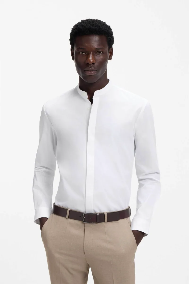 Hugo Boss ανδρικό πουκάμισο μονόχρωμο με μάο γιακάς Slim Fit "Kaleb" - 50554690 Λευκό