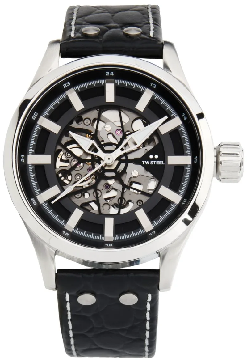 TW STEEL Volante Skeleton Automatic - VS130 Silver case with Black Leather Strap