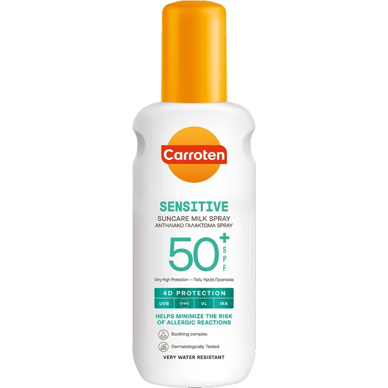 Carroten Sensitive Spf50+ Suncare Milk Spray Αντηλιακό Spray Γαλάκτωμα Πολύ Υψηλής Προστασίας για Ευαίσθητες Επιδερμίδες 200ml