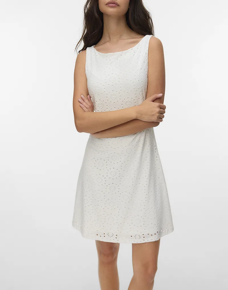 VERO MODA VMTASSA LIV SL BOAT NECK SHORT DRESS JRS 10344371-Snow White White