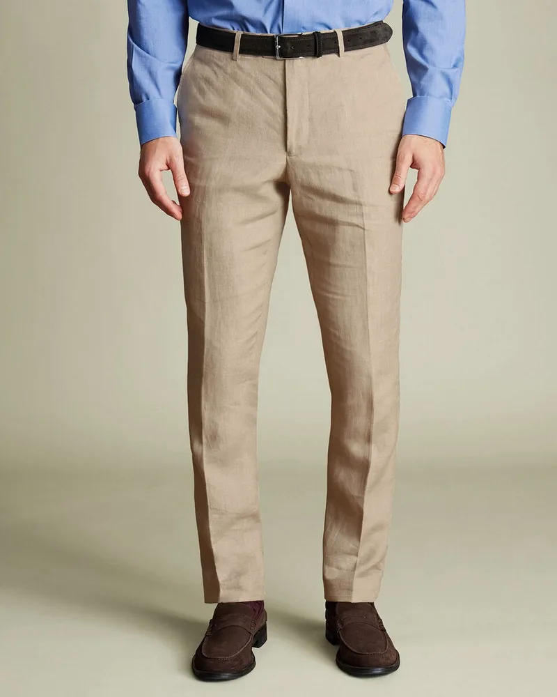 Charles Tyrwhitt Ανδρικό Παντελόνι Λινό με Πιέτα Modern Fit σε Μπεζ